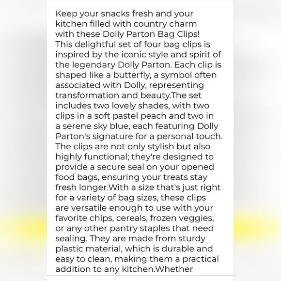 Dolly Parton Set Of 4 Butterfly Bag Clips - Picture 4 of 6